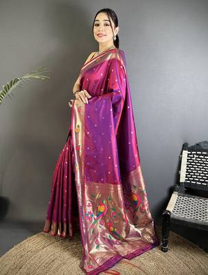 magenta lichi silk blend parrot & floral woven design zari weaving paithani saree 2