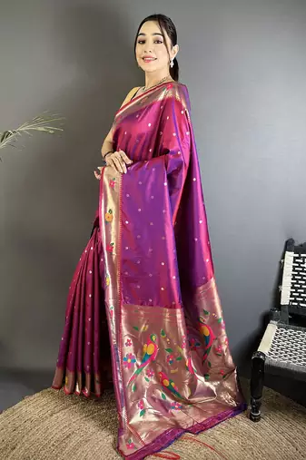 magenta lichi silk blend parrot & floral woven design zari weaving paithani saree