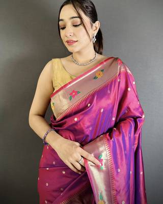magenta lichi silk blend parrot & floral woven design zari weaving paithani saree 4