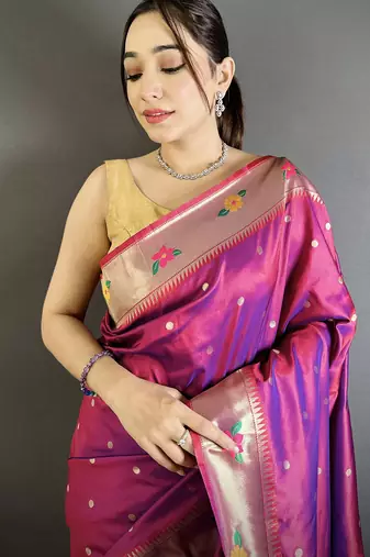 magenta lichi silk blend parrot & floral woven design zari weaving paithani saree