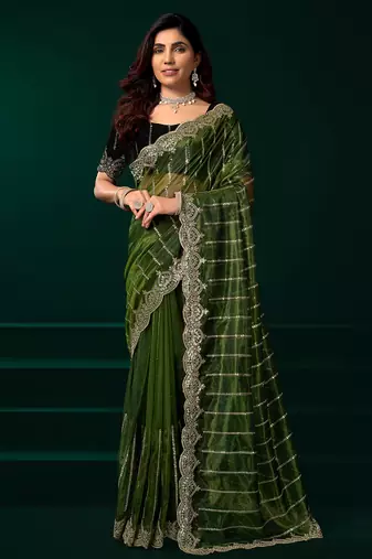 Green net shimmering lines sequence embroidery party wear saree