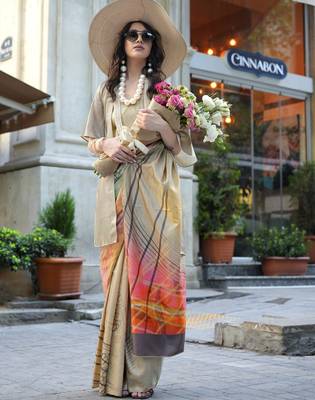 Beige & multicolor northern light twirl silk modern digital print bollywood saree 1