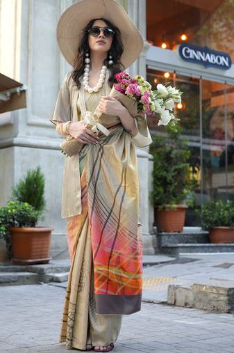 Beige & multicolor northern light twirl silk modern digital print bollywood saree