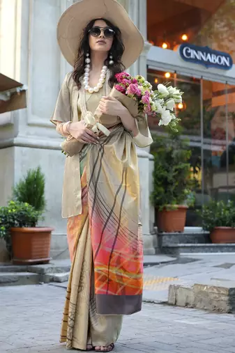 Beige & multicolor northern light twirl silk modern digital print bollywood saree