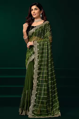 Green net shimmering lines sequence embroidery party wear saree