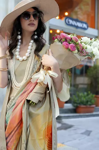 Beige & multicolor northern light twirl silk modern digital print bollywood saree