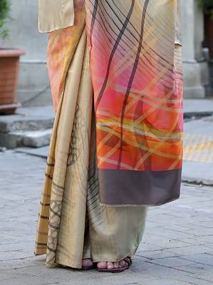 Beige & multicolor northern light twirl silk modern digital print bollywood saree 4