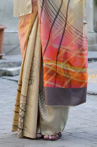 Beige & multicolor northern light twirl silk modern digital print bollywood saree