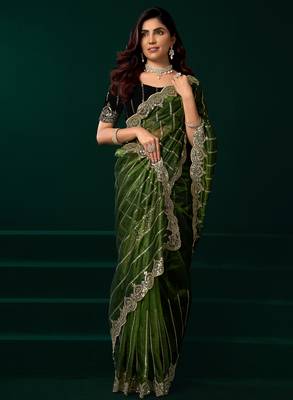 Green net shimmering lines sequence embroidery party wear saree 5