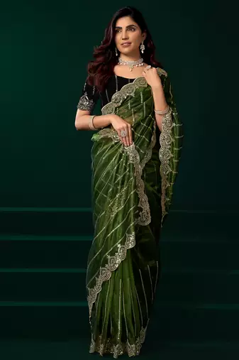 Green net shimmering lines sequence embroidery party wear saree