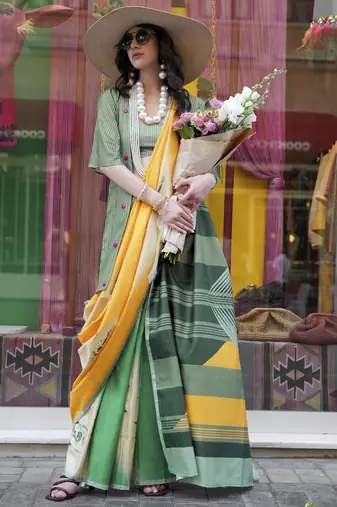 Multicolor northern light twirl silk modern digital print bollywood saree