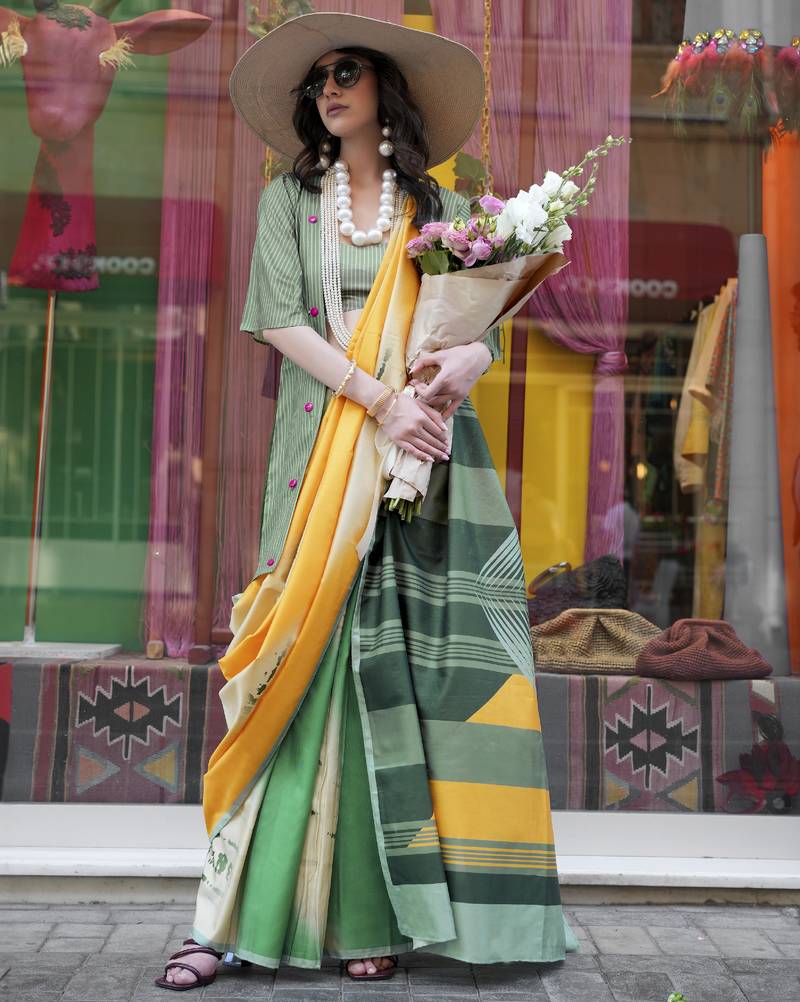 Multicolor northern light twirl silk modern digital print bollywood saree