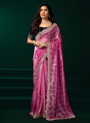 Pink net shimmering lines sequence embroidery party wear saree 1