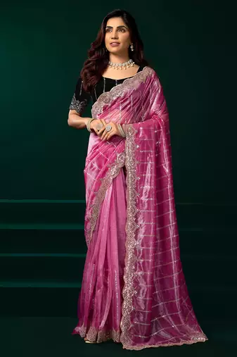 Pink net shimmering lines sequence embroidery party wear saree