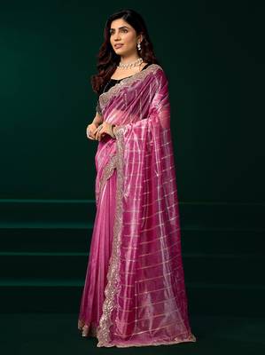 Pink net shimmering lines sequence embroidery party wear saree 2