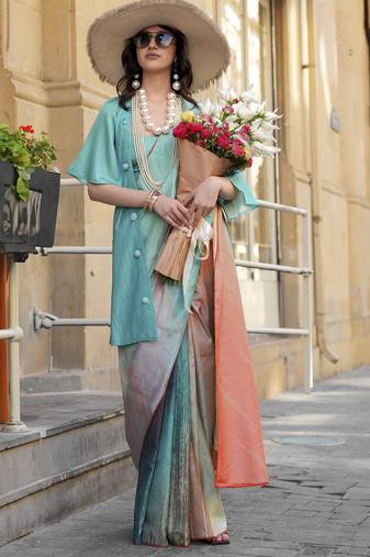 Teal & multicolor northern light twirl silk modern digital print bollywood saree