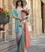 Teal & multicolor northern light twirl silk modern digital print bollywood saree