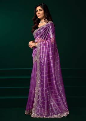 Lavender net shimmering lines sequence embroidery party wear saree 2