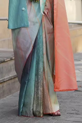 Teal & multicolor northern light twirl silk modern digital print bollywood saree