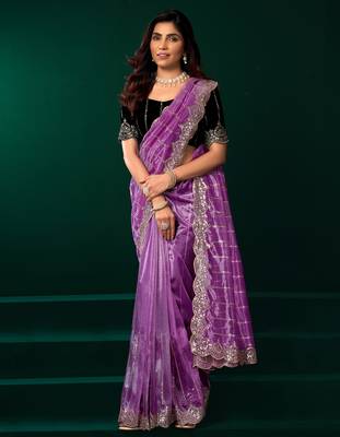 Lavender net shimmering lines sequence embroidery party wear saree 4