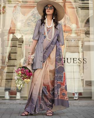Grey & multicolor northern light twirl silk modern digital print bollywood saree 1