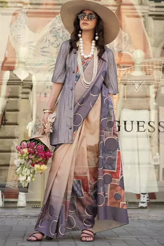 Grey & multicolor northern light twirl silk modern digital print bollywood saree