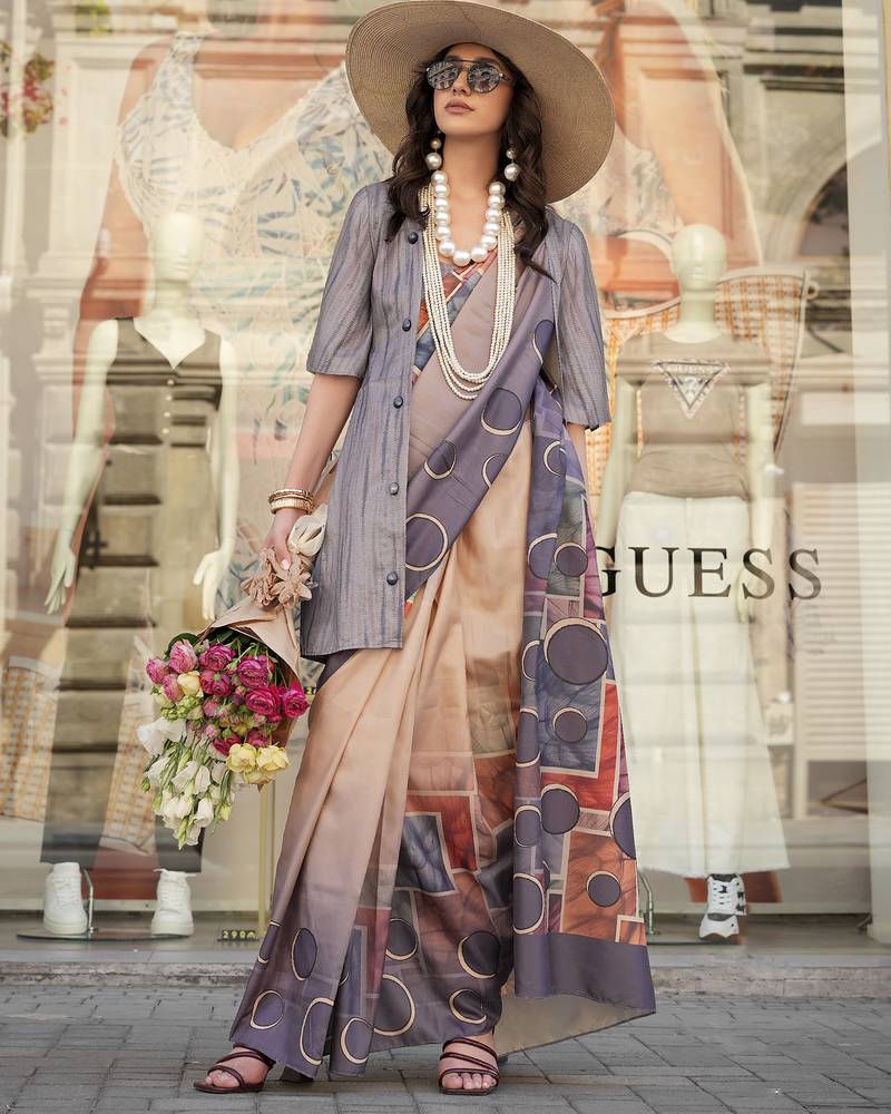 Grey & multicolor northern light twirl silk modern digital print bollywood saree