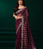 Purple net shimmering lines sequence embroidery party wear saree