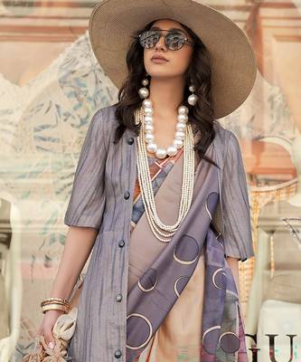 Grey & multicolor northern light twirl silk modern digital print bollywood saree 3