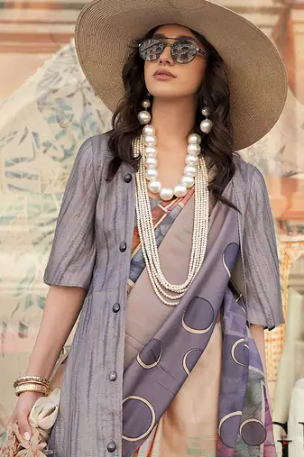 Grey & multicolor northern light twirl silk modern digital print bollywood saree