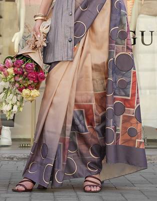 Grey & multicolor northern light twirl silk modern digital print bollywood saree 4