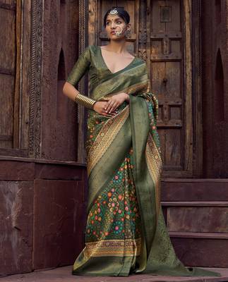 olive green jacquard p v silk blend digital floral print zari weaving bollywood saree 1