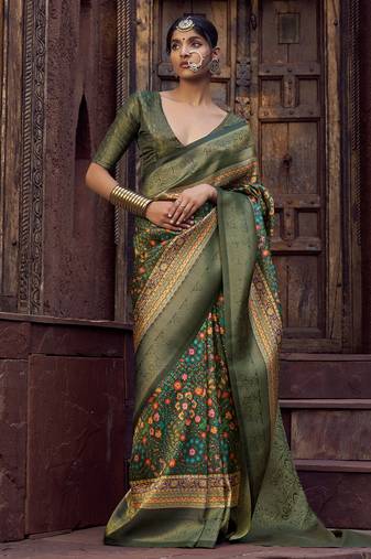 olive green jacquard p v silk blend digital floral print zari weaving bollywood saree