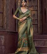 olive green jacquard p v silk blend digital floral print zari weaving bollywood saree