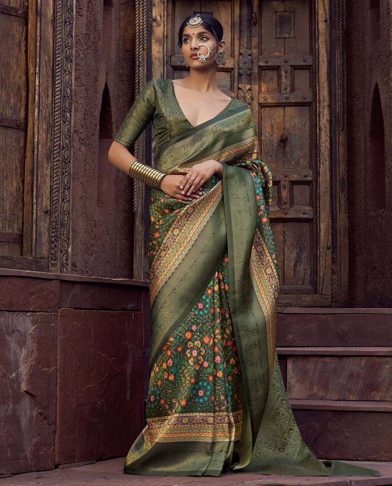 olive green jacquard p v silk blend digital floral print zari weaving bollywood saree