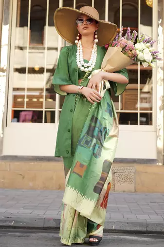 Green & multicolor northern light twirl silk modern digital print bollywood saree