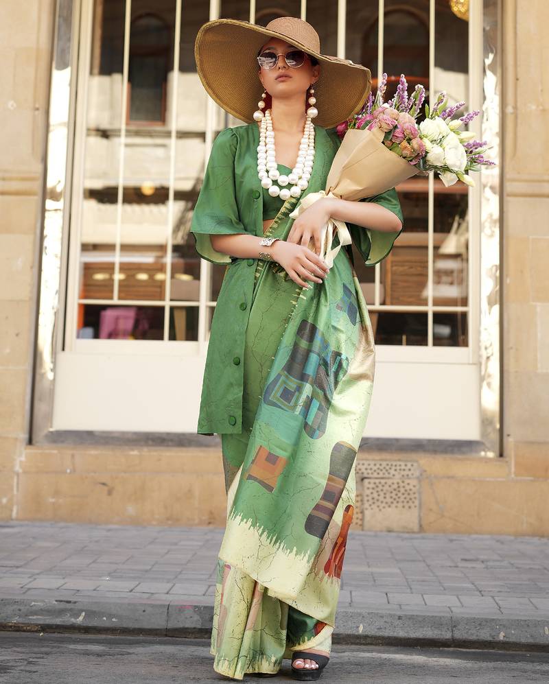 Green & multicolor northern light twirl silk modern digital print bollywood saree