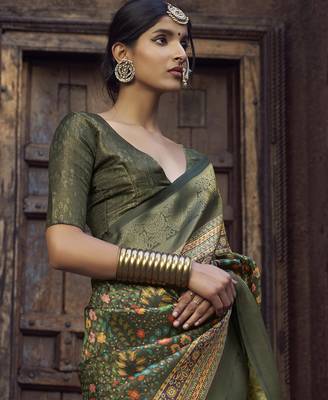 olive green jacquard p v silk blend digital floral print zari weaving bollywood saree 2