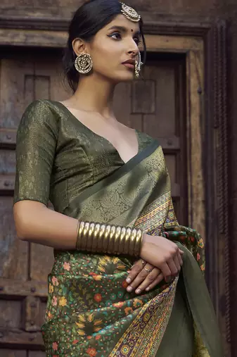 olive green jacquard p v silk blend digital floral print zari weaving bollywood saree