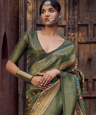 olive green jacquard p v silk blend digital floral print zari weaving bollywood saree 3