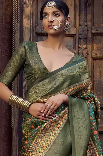 olive green jacquard p v silk blend digital floral print zari weaving bollywood saree