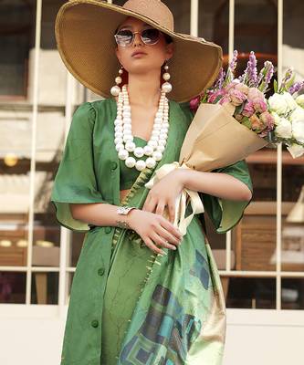 Green & multicolor northern light twirl silk modern digital print bollywood saree 3