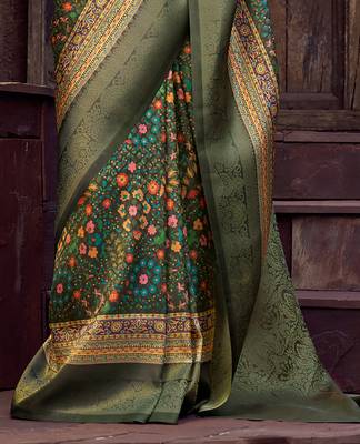 olive green jacquard p v silk blend digital floral print zari weaving bollywood saree 4