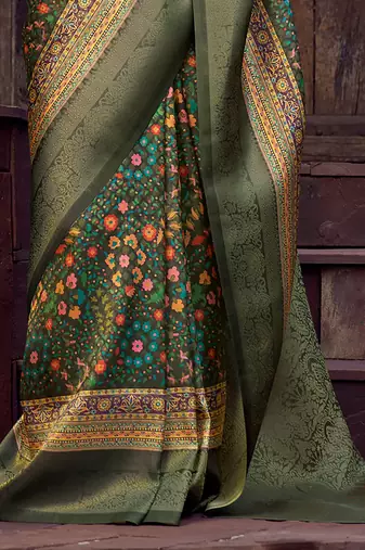 olive green jacquard p v silk blend digital floral print zari weaving bollywood saree