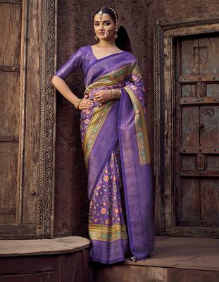 lavender jacquard p v silk blend digital floral print zari weaving bollywood saree 1