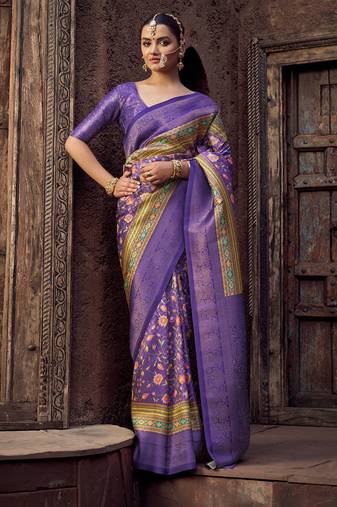 lavender jacquard p v silk blend digital floral print zari weaving bollywood saree