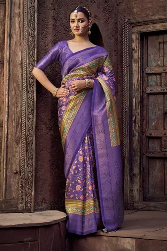 lavender jacquard p v silk blend digital floral print zari weaving bollywood saree