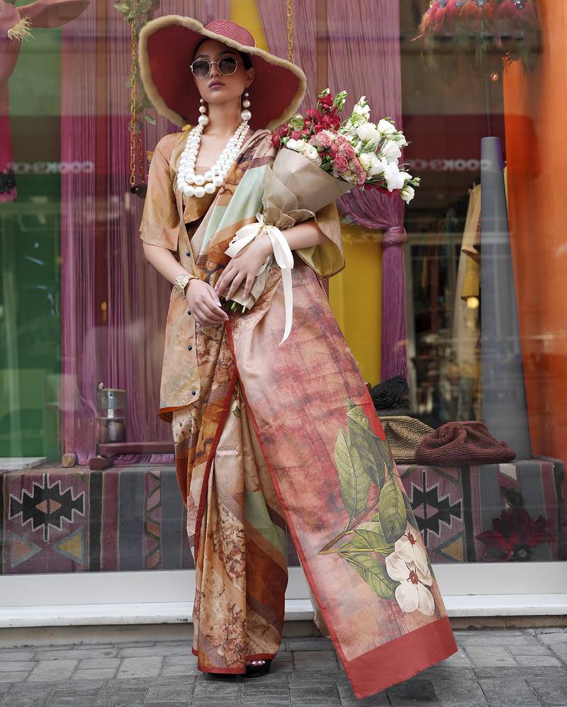 Peach & multicolor northern light twirl silk modern digital print bollywood saree