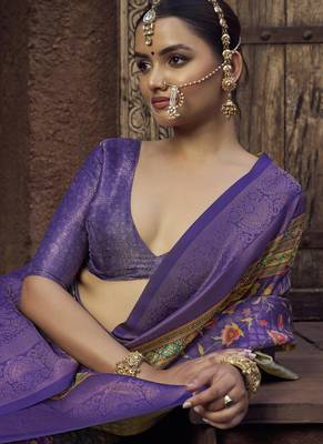lavender jacquard p v silk blend digital floral print zari weaving bollywood saree 2