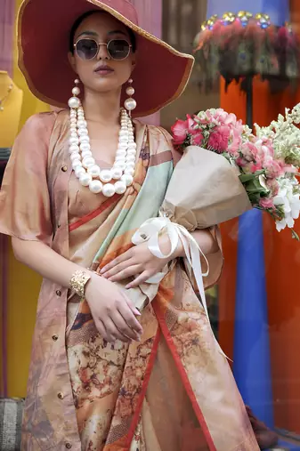 Peach & multicolor northern light twirl silk modern digital print bollywood saree